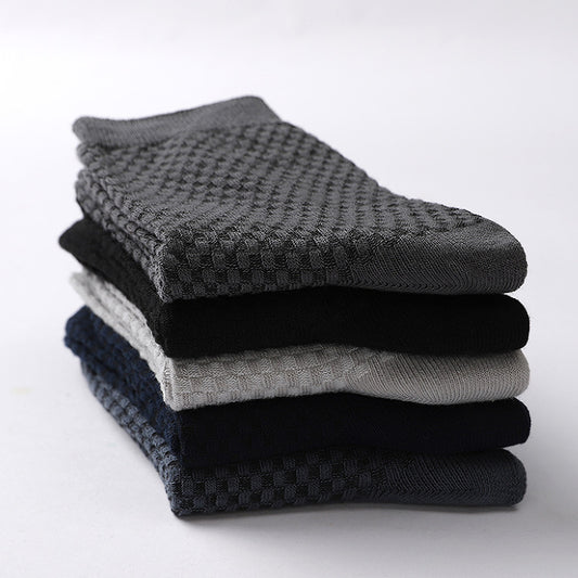 Men’s Bamboo Fiber Cotton Mid-Tube Socks – Double-Needle Dark Grid Design