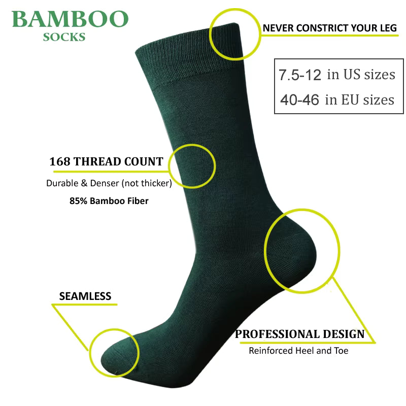 Green bamboo socks, 85% bamboo fiber, seamless, 168 thread count, sizes 7.5-12 US, reinforced heel and toe.