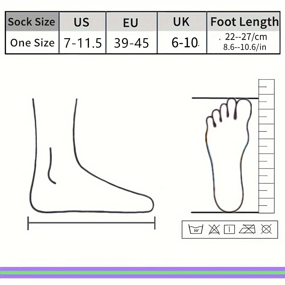 Sock size chart showing measurements in US, EU, and UK sizes, foot length details in cm and inches.