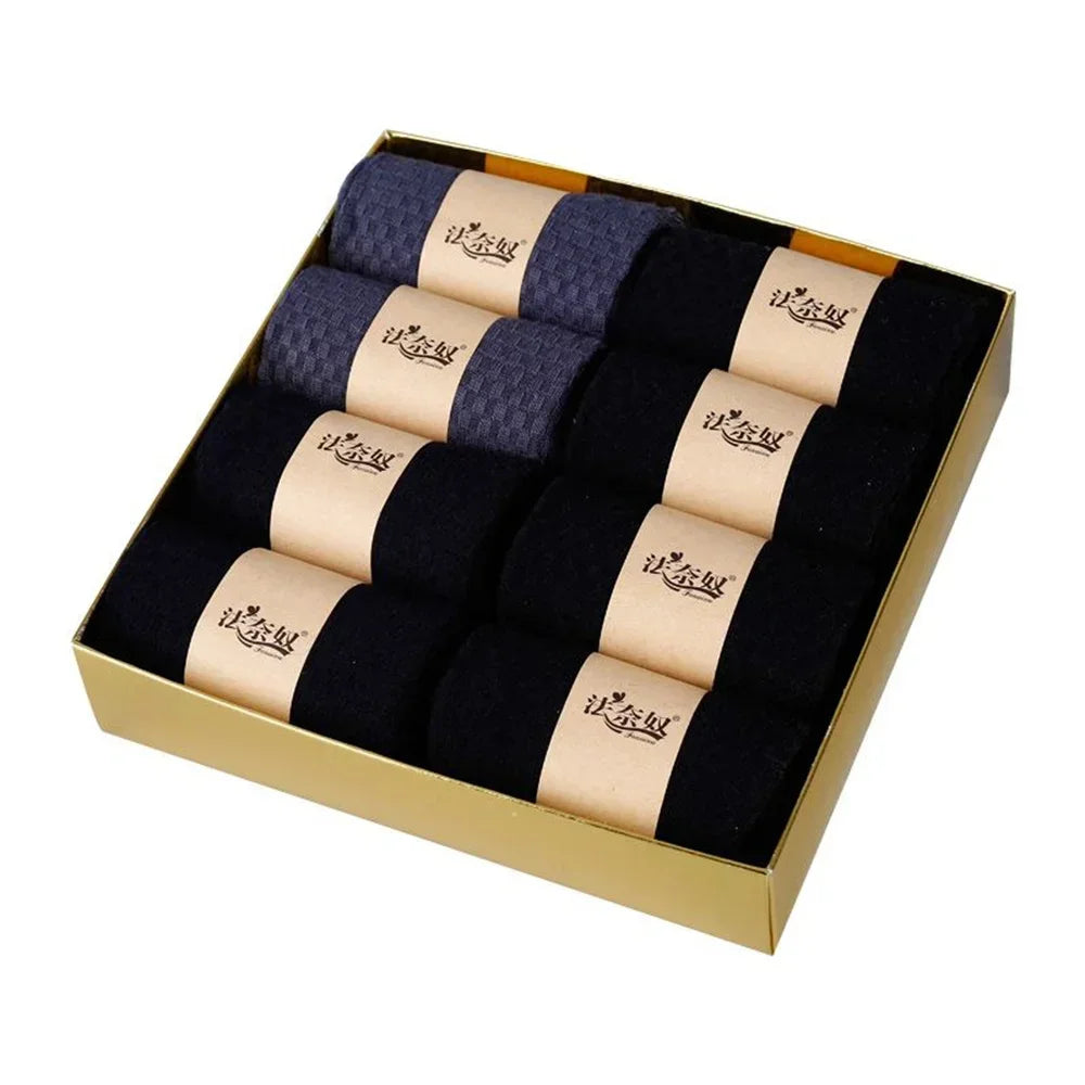 Men's luxury socks gift set, featuring navy and black colors in a stylish gold box.