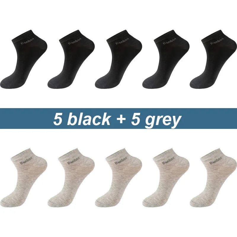10-pack bamboo socks: 5 black, 5 grey, soft and breathable material for comfort.