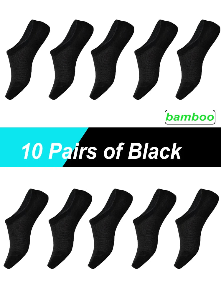 10 pairs of black bamboo socks, soft and breathable, ideal for everyday comfort and casual wear.