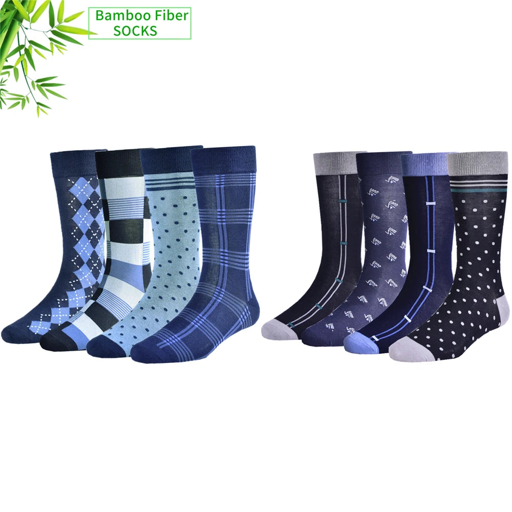 Set of 6 men's bamboo fiber socks in various blue patterns including stripes, polka dots, and checks.
