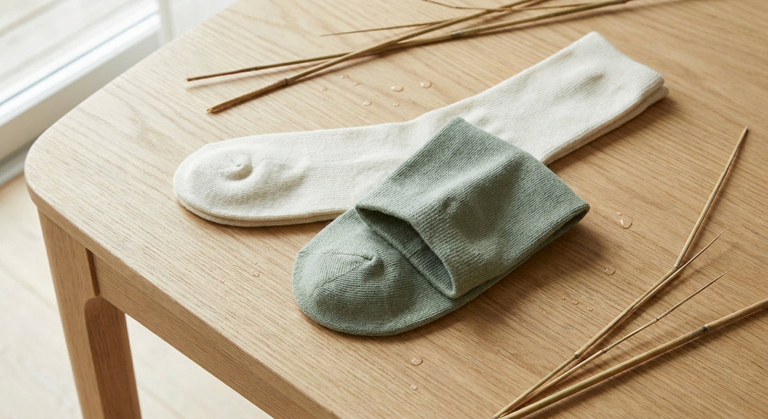 A close-up of bamboo fiber socks on a wood surface, one turned inside-out to show seamless toe construction, with bamboo stalks and water droplets nearby.