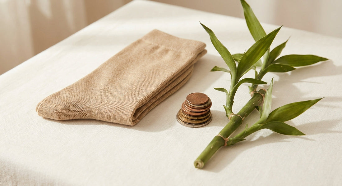A pair of neatly folded bamboo socks placed beside a small stack of coins and a fresh bamboo stalk on a clean white surface, lit with soft natural daylight.