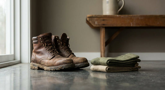 A pair of worn work boots resting on concrete beside folded bamboo-fiber socks, photographed in warm editorial lighting with earthy tones.