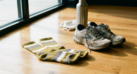 A pair of bamboo athletic socks placed beside running shoes on a gym floor in soft natural light, evoking an active, performance-focused lifestyle.
