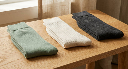 Three folded socks of different fabric textures arranged side by side on a natural wood surface in warm, diffused light.