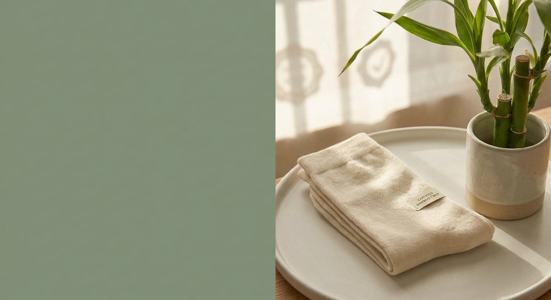 Neatly folded bamboo socks placed beside a small bamboo plant on a clean white surface, bathed in soft natural light.