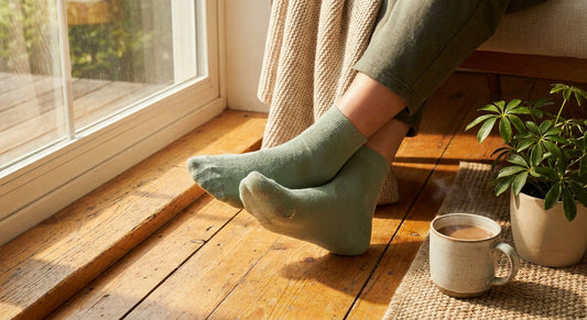 Cozy feet in soft green bamboo socks resting on a warm wooden floor in gentle morning sunlight.