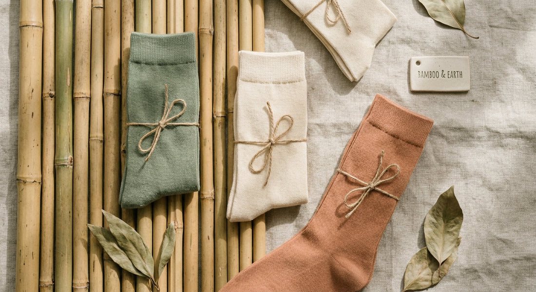 A flat lay of folded bamboo socks in earthy tones arranged on a background of natural bamboo stalks and linen fabric, lit with soft diffused daylight.