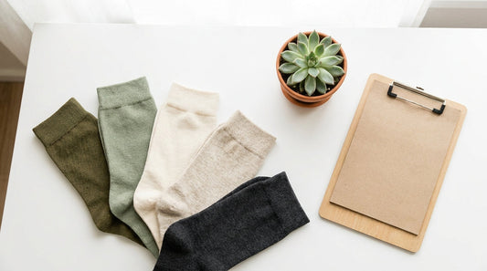 A flat lay of neatly arranged premium bamboo socks in earthy tones displayed on a clean white desk with a small succulent and clipboard, evoking a modern corporate wellness aesthetic.