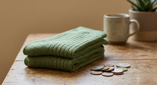 A pair of folded green bamboo socks placed beside a small stack of coins on a clean wooden surface, symbolizing cost-per-wear value.