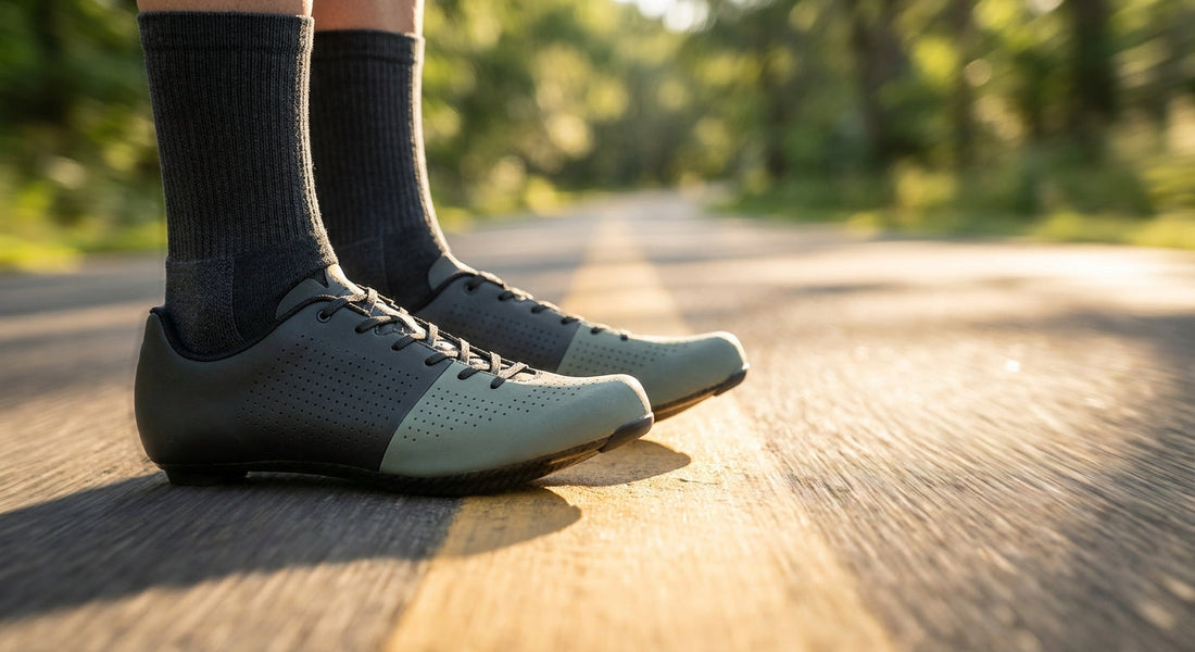 Close-up low-angle view of cycling shoes on a sunlit road with blurred green foliage in the background, highlighting athletic performance socks.