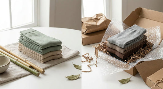 A flat-lay comparison of two groups of folded bamboo socks — one styled naturally and refined, the other surrounded by generic shipping materials — photographed in soft natural light.