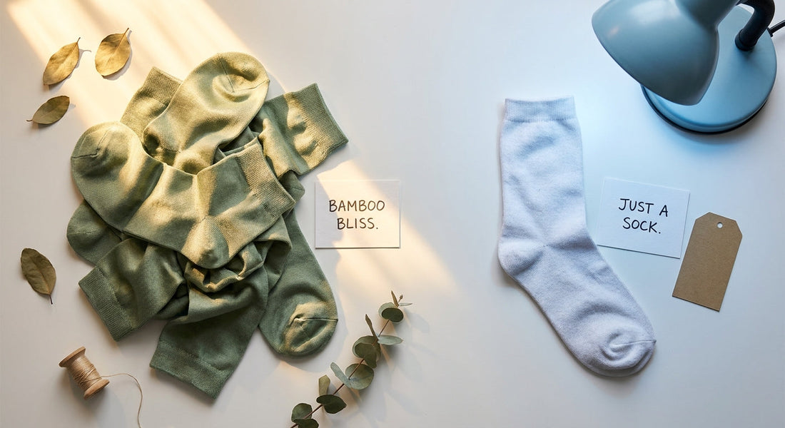 A side-by-side flat lay comparison of soft, textured bamboo socks in sage green against a plain, flat white cotton sock on a clean white surface.