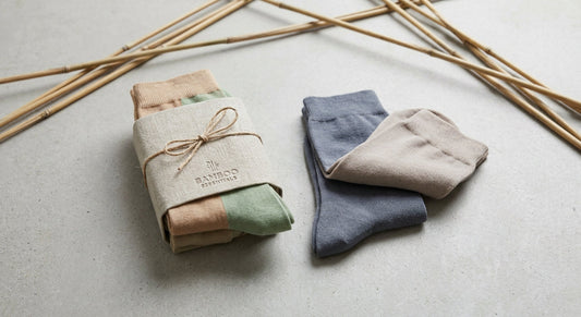 Two pairs of folded bamboo socks placed side by side on a concrete surface in a flat-lay editorial style, surrounded by subtle bamboo stalks in soft focus.