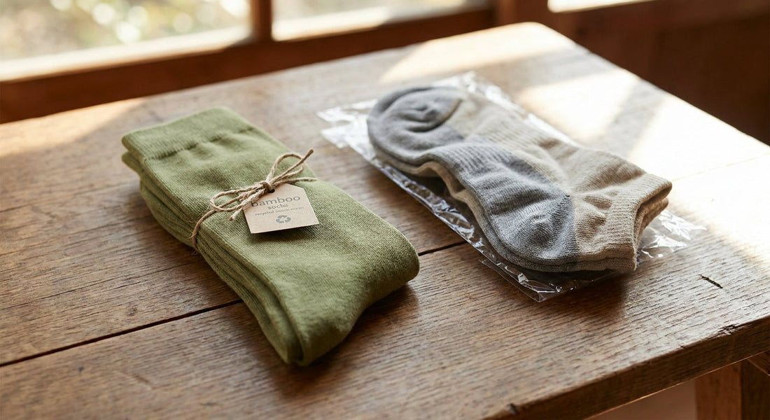 Two pairs of bamboo socks placed side by side on a wooden surface, highlighting a contrast in quality and presentation.