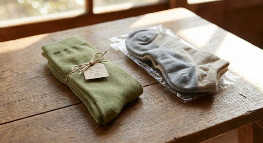 Two pairs of bamboo socks placed side by side on a wooden surface, highlighting a contrast in quality and presentation.