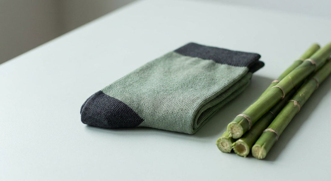 A pair of neatly folded bamboo socks resting next to fresh bamboo stalks on a clean light-grey surface, photographed in soft natural light.