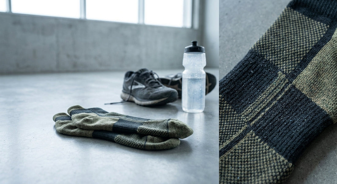 Close-up editorial shot of athletic bamboo socks on a concrete surface alongside running shoes and a dewy sports bottle in cool morning light.