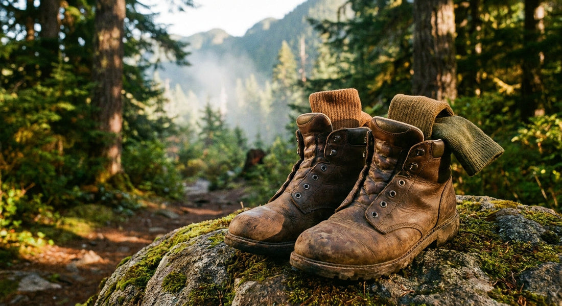 A pair of hiking boots with bamboo socks visible at the top, resting on a mossy boulder surrounded by misty mountain forest at golden hour.