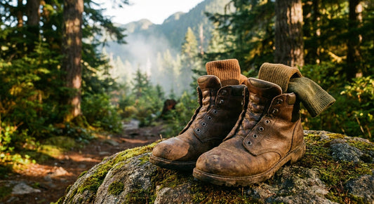 A pair of hiking boots with bamboo socks visible at the top, resting on a mossy boulder surrounded by misty mountain forest at golden hour.