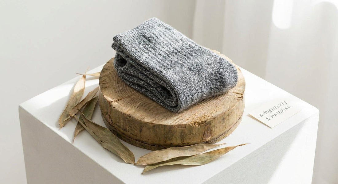 A pair of folded grey socks resting on a cross-section of raw bamboo stalk surrounded by bamboo leaves on a white surface.