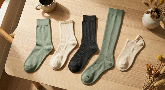 Five different styles of bamboo socks arranged in a neat fan pattern on a light wood surface, photographed from above in warm natural light.