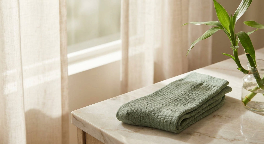 A pair of soft, neatly folded bamboo socks in a muted earthy tone resting on a marble surface beside a fresh bamboo sprig, lit with warm natural light.