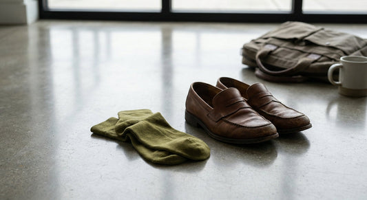 A pair of bamboo socks resting beside professional work shoes on a concrete floor, lit with soft natural light suggesting the end of a long workday.