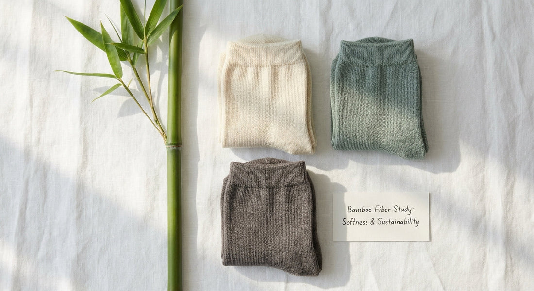 A flat lay of folded bamboo-fiber socks in neutral tones arranged beside a fresh bamboo stalk on a white linen surface, lit with soft natural light.