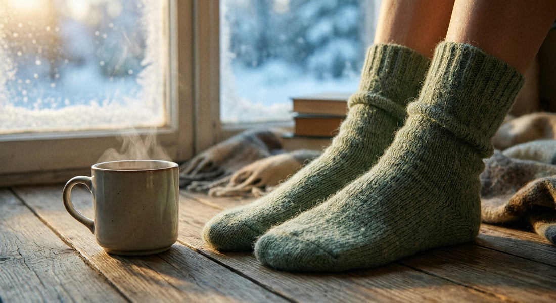A pair of feet in thick green bamboo socks resting on a wooden floor beside a steaming mug, with soft winter light coming through a frosted window.