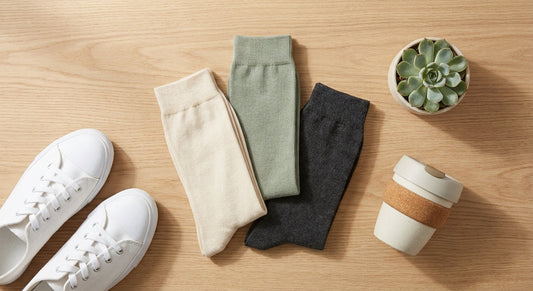 A flat lay of folded bamboo socks in neutral tones arranged with white sneakers, a succulent, and a reusable coffee cup on a light wood surface.