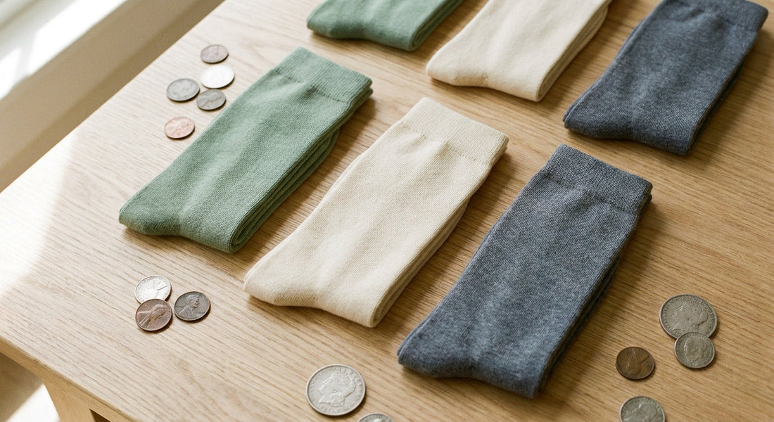 A flat lay of neatly folded bamboo socks in neutral earthy tones arranged on a light wood surface with scattered coins nearby, suggesting cost and value.