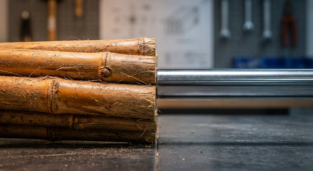 A close-up editorial shot of bamboo stalks and a steel rod placed side by side on a concrete surface, contrasting natural and industrial materials.