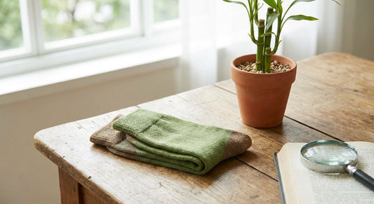 A pair of earth-toned socks folded on a wooden surface beside a small bamboo plant and a magnifying glass, photographed in soft natural light.