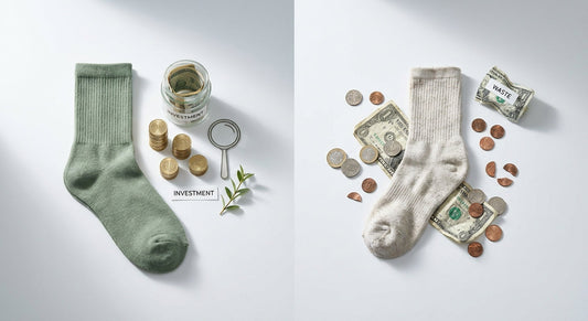 A side-by-side flat-lay comparison of a premium bamboo sock and a worn cheap sock, with coins arranged to suggest contrasting long-term value.