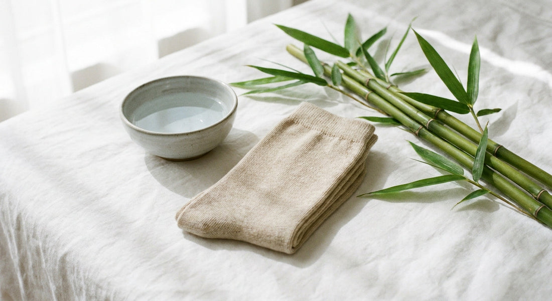 A pair of folded bamboo socks placed next to a bowl of cool water and fresh bamboo stalks on a white linen surface, evoking gentle laundry care.