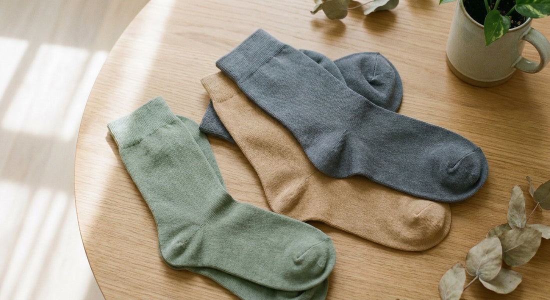 A flat lay of gender-neutral bamboo socks in earthy tones arranged casually on a light oak surface in soft natural light.