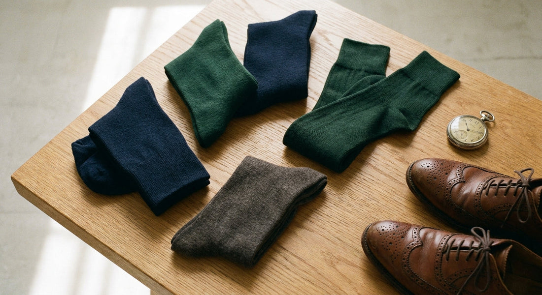 A flat lay of folded over-the-calf and knee-high socks in navy, green, and charcoal arranged beside a vintage pocket watch and leather Oxford shoes on a warm oak surface.