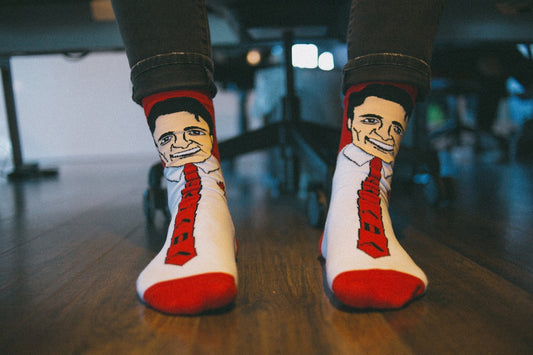 person wearing red and white socks
