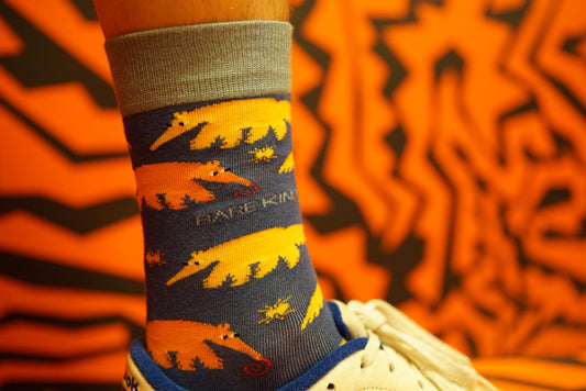 A person wearing a pair of colorful socks