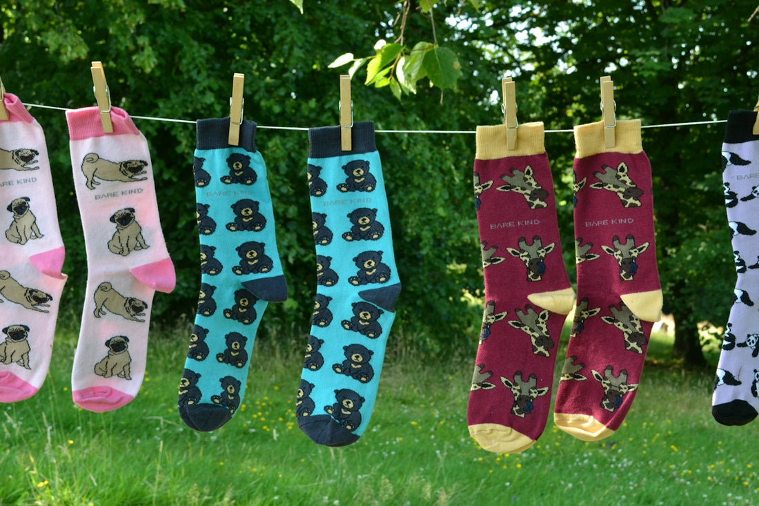 A line of socks hanging on a clothes line