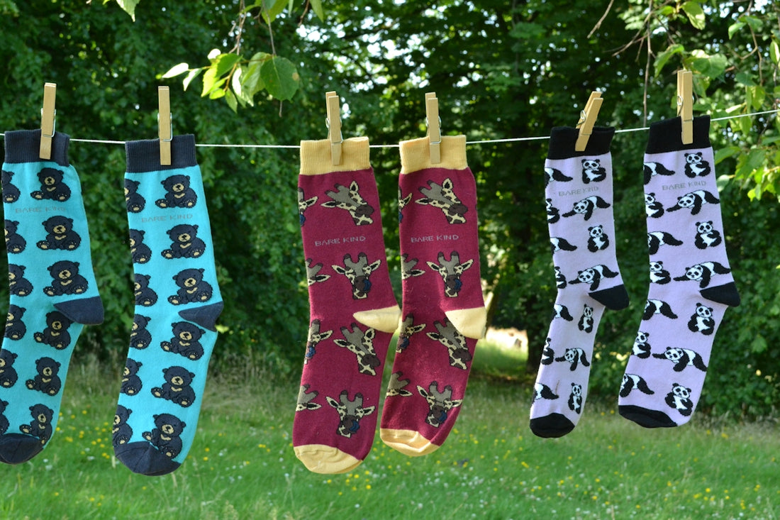 A line of socks hanging from a clothes line