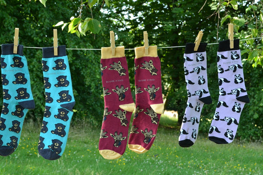A line of socks hanging from a clothes line