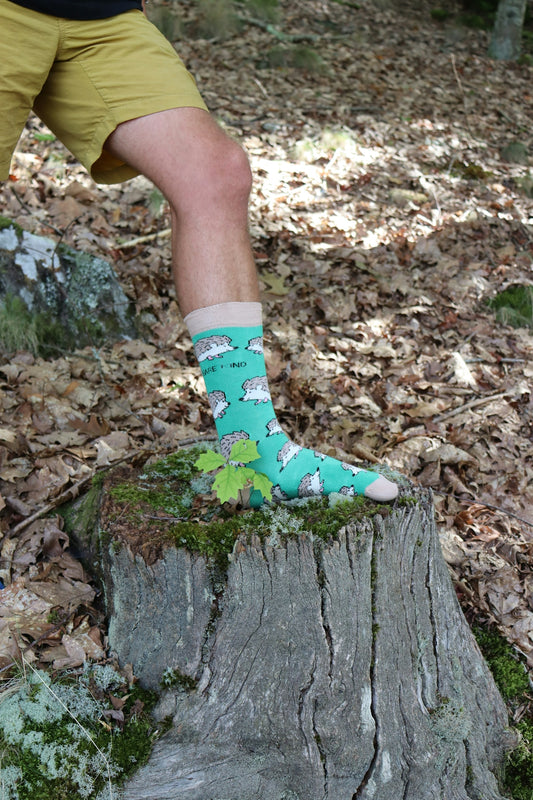 A man in yellow shorts and green socks standing on a tree stump