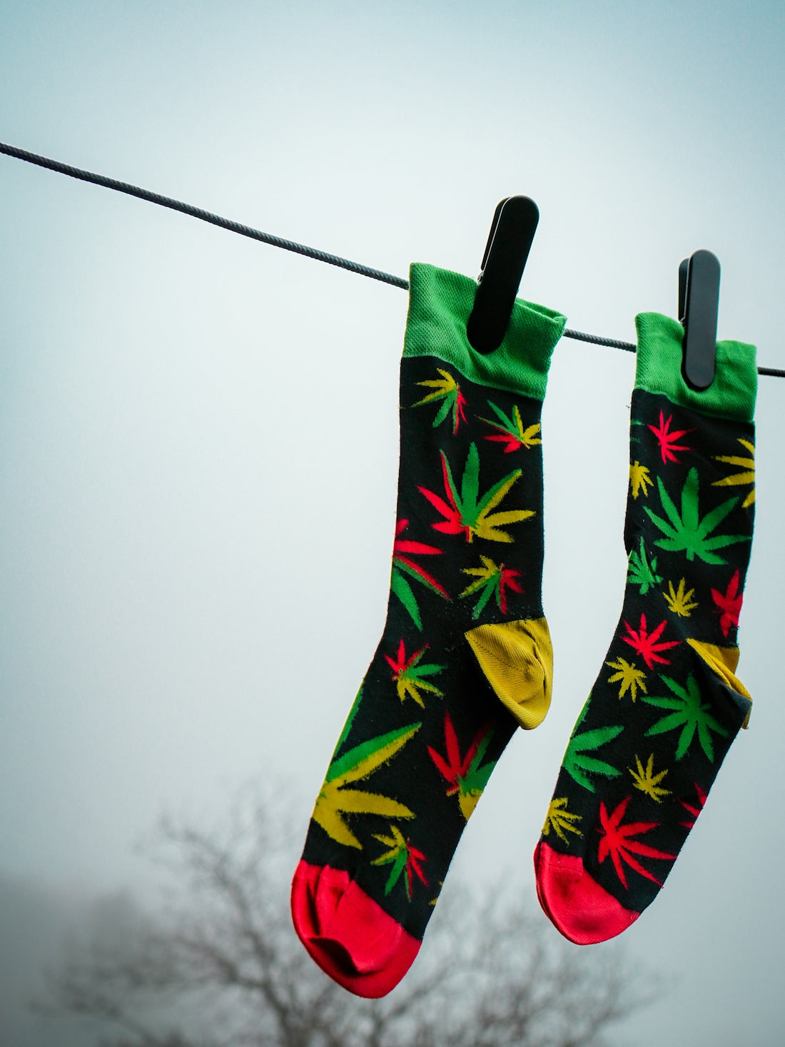 Two socks with marijuana leaf pattern drying on a line.