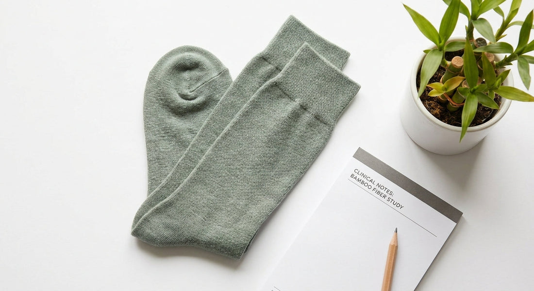 A flat-lay editorial photo of soft green bamboo-fiber socks beside a notepad and small bamboo plant on a white surface, evoking clinical foot health expertise.