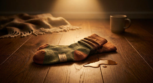 A pair of dry, cozy bamboo socks sitting dramatically beside a small water puddle on a hardwood floor, lit like a cinematic hero shot.